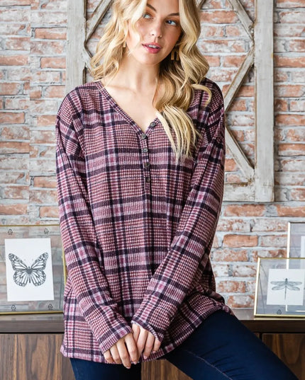 Heimish Full Size Plaid V-Neck Long Sleeve Top Mauve