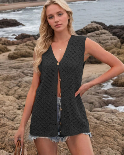 Button Down Eyelet V-Neck Sweater Vest Black