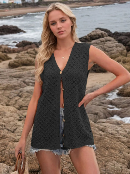 Button Down Eyelet V-Neck Sweater Vest Black