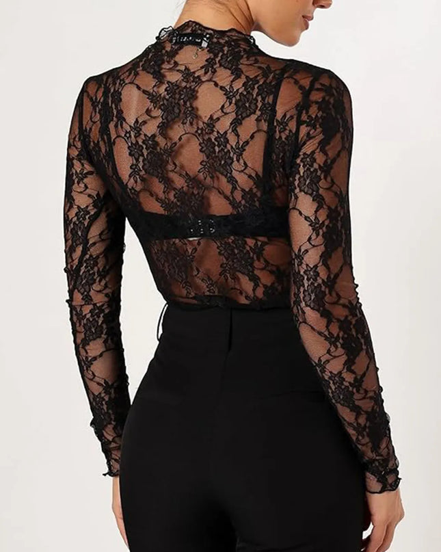 Floral Mock Neck Long Sleeve Mesh Top