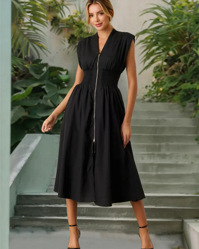Smocked Zip Front Cap Sleeve Dress