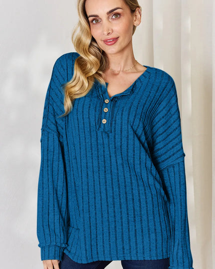 Basic Bae Full Size Ribbed Half Button Long Sleeve T-Shirt Sky Blue