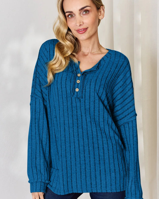 Basic Bae Full Size Ribbed Half Button Long Sleeve T-Shirt Sky Blue