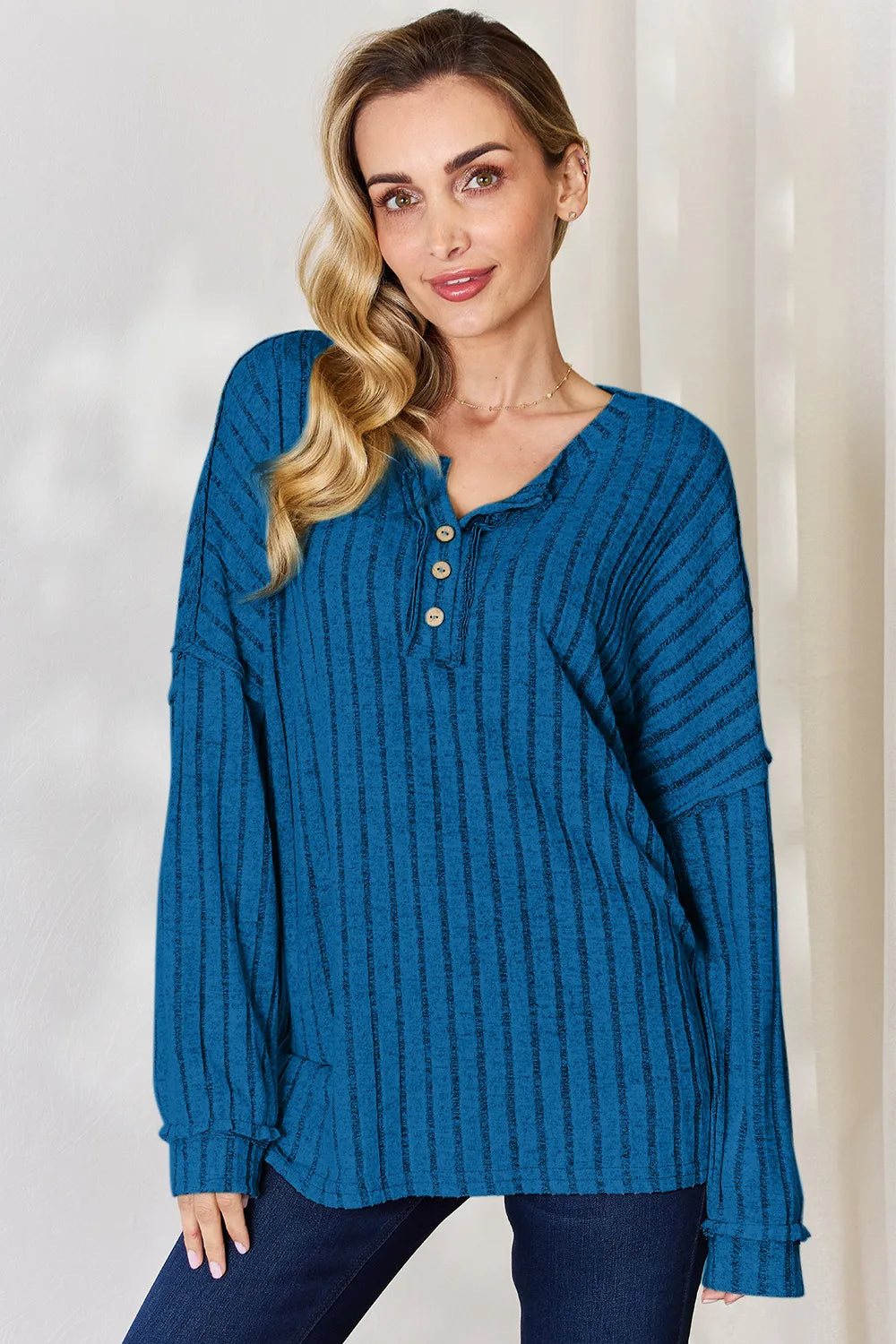 Basic Bae Full Size Ribbed Half Button Long Sleeve T-Shirt Sky Blue