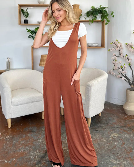 Double Take Full Size Sleeveless Wide Leg Jumpsuit with Pockets