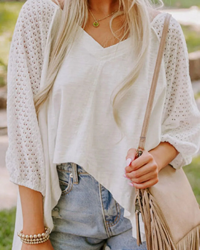 Openwork High Low Hem V Neck Oversized Top White