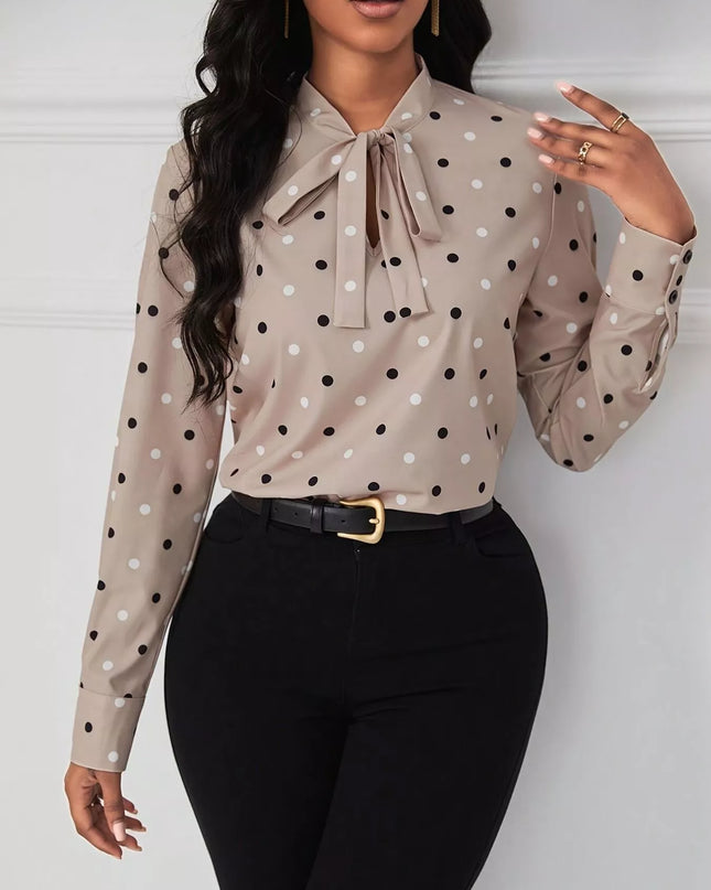 Polka Dot Tie Neck Blouse Dust Storm