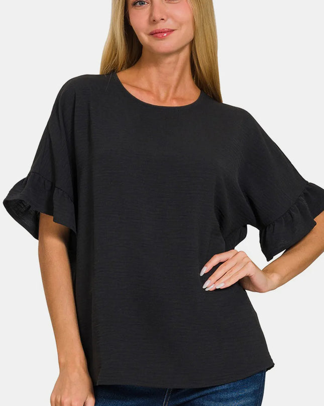 Zenana V-Neck Flutter Sleeve Top Black