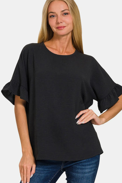 Zenana V-Neck Flutter Sleeve Top Black