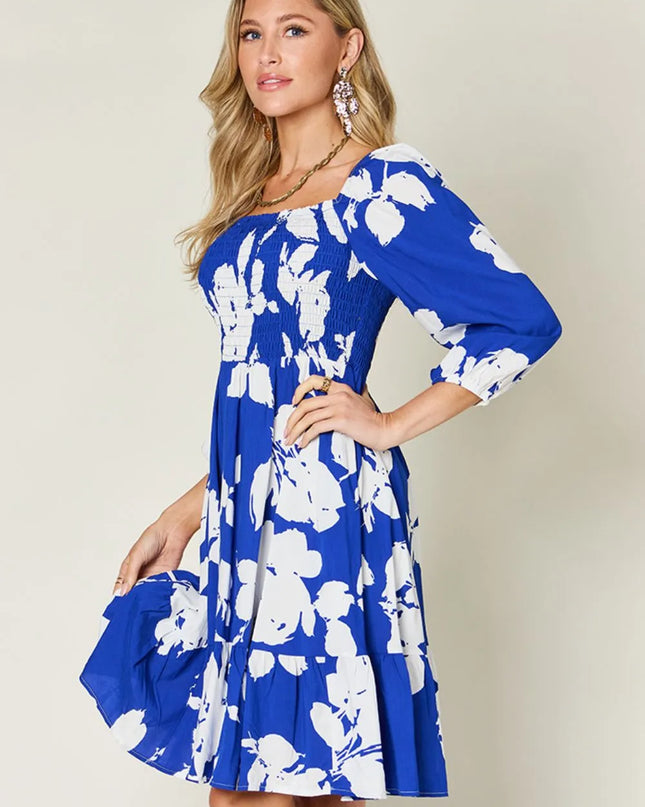 Double Take Full Size Floral Ruffle Hem Smocked Dress with Pockets