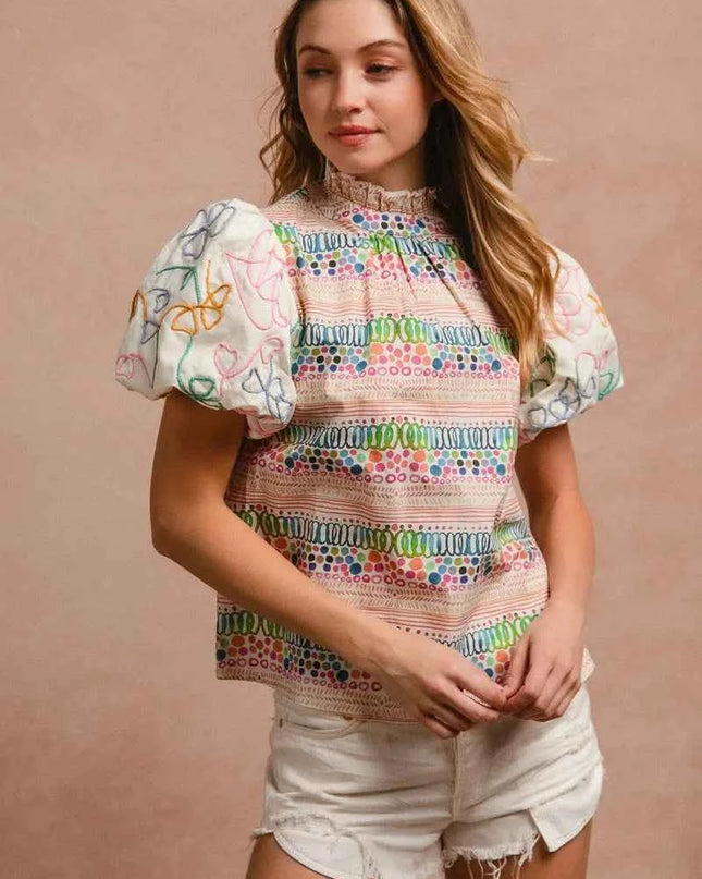 BiBi Ruffle Neckline Blouse With Embroidery Bubble Sleeve