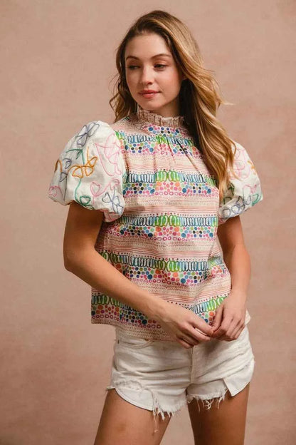 BiBi Ruffle Neckline Blouse With Embroidery Bubble Sleeve