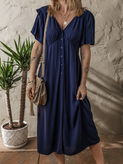 V Neck Buttoned Front Shirred Back Short Sleeve Midi Dress