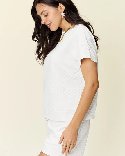 Double Take Full Size Texture Short Sleeve T-Shirt and Drawstring Shorts Set 