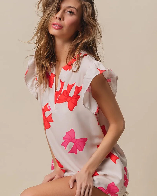 BiBi Bow Printed Woven Ruffled Sleeves V Neck Top
