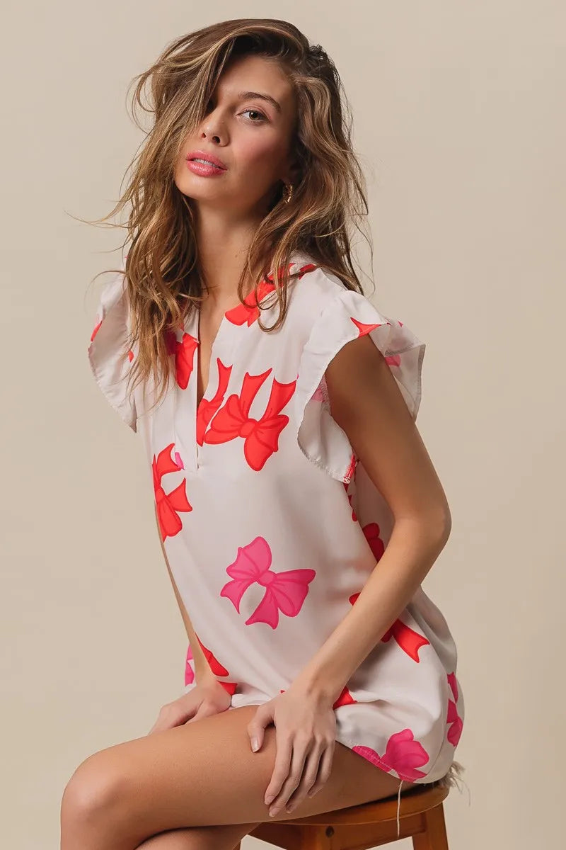 BiBi Bow Printed Woven Ruffled Sleeves V Neck Top