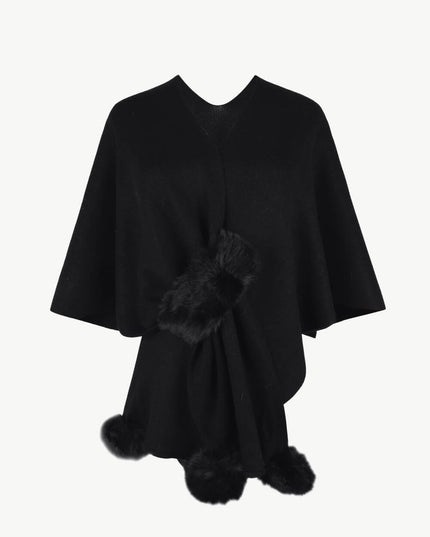Surplice Neck Pom-Pom Trim Poncho Black One Size