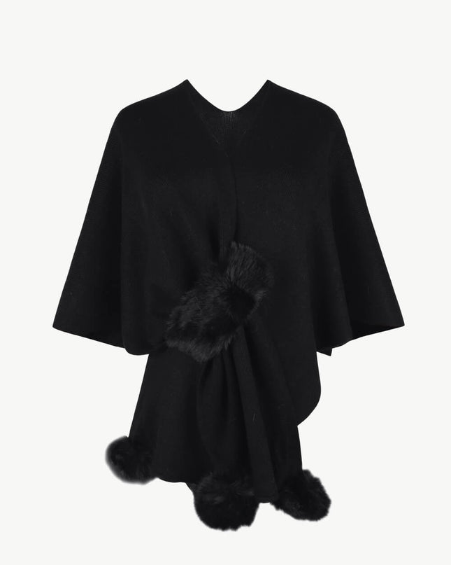 Surplice Neck Pom-Pom Trim Poncho Black One Size