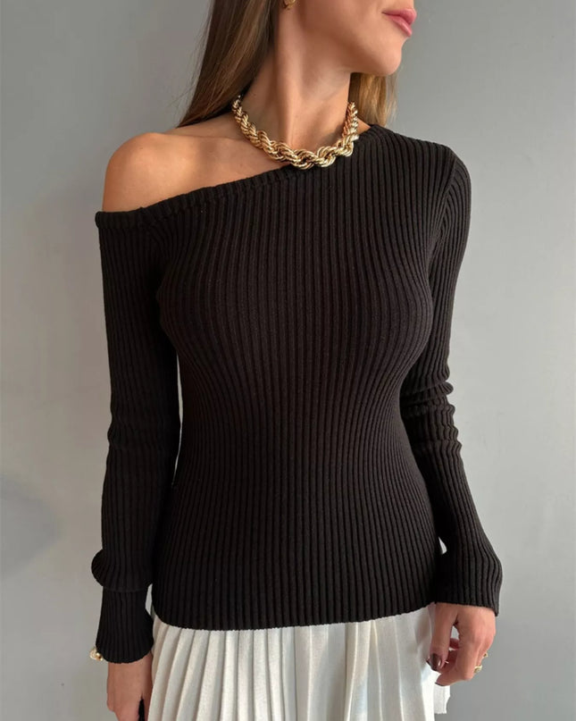 Ribbed Single Shoulder Sweater Black