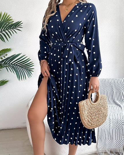 Front Tie Polka Dot Midi Pleated Dress