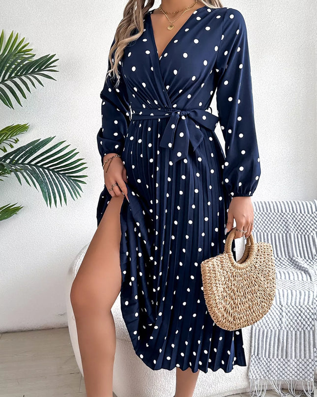 Front Tie Polka Dot Midi Pleated Dress