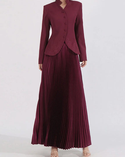 Button Up Long Sleeve Top and Pleated Skirt Set Angora Red