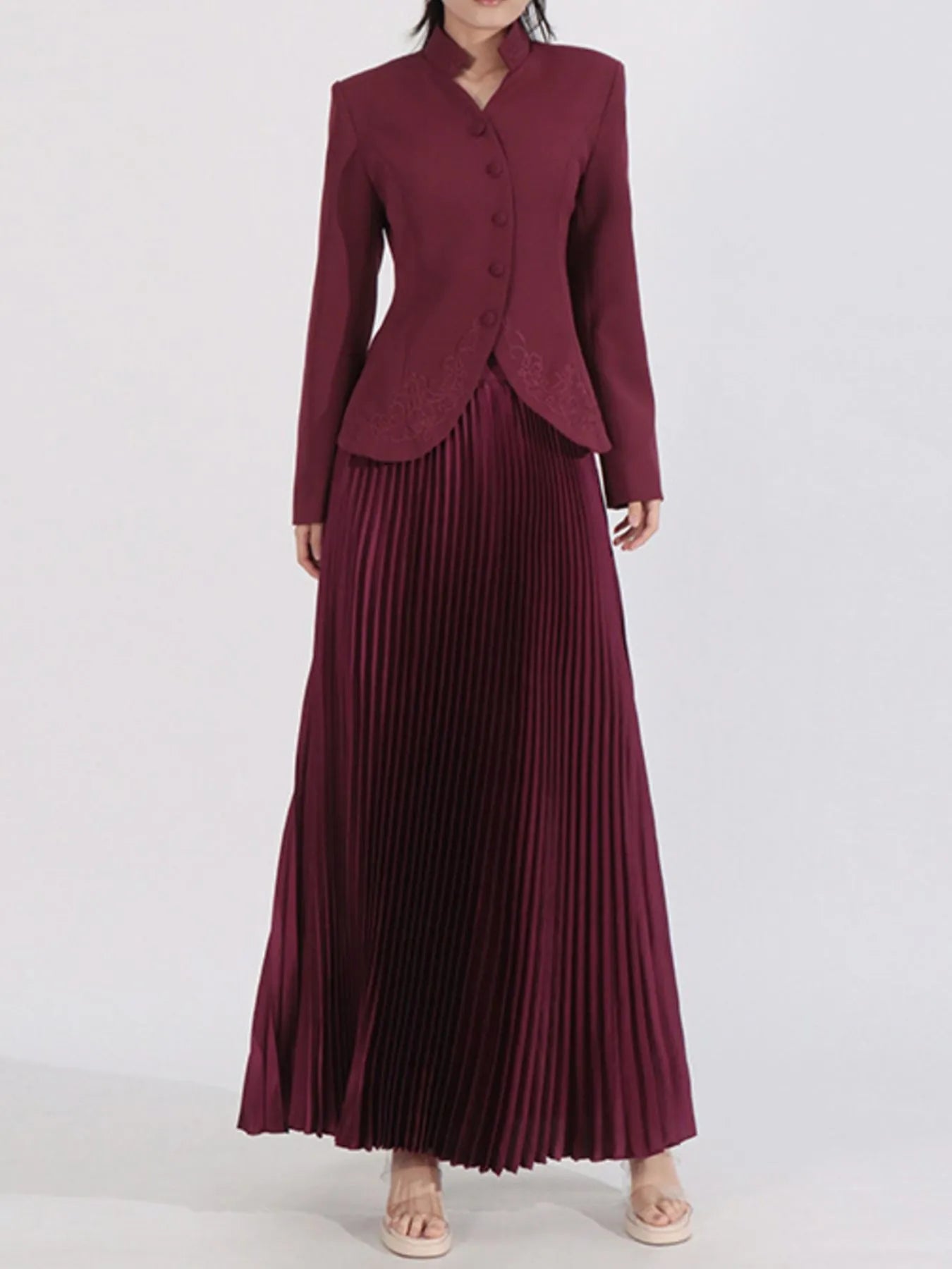 Button Up Long Sleeve Top and Pleated Skirt Set Angora Red