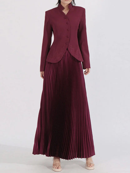 Button Up Long Sleeve Top and Pleated Skirt Set Angora Red
