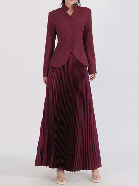 Button Up Long Sleeve Top and Pleated Skirt Set Angora Red