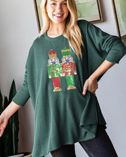 Heimish Sequin Nutcracker Long Sleeve Ribbed Top Hunter Green