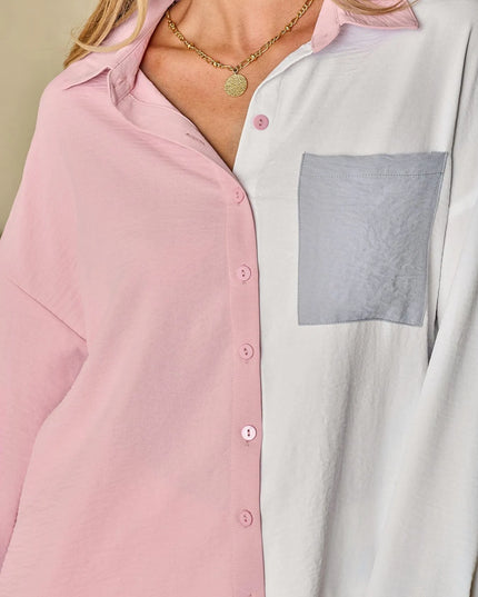 Color Block Oversized Button-Up Shirt with Chest Pocket 