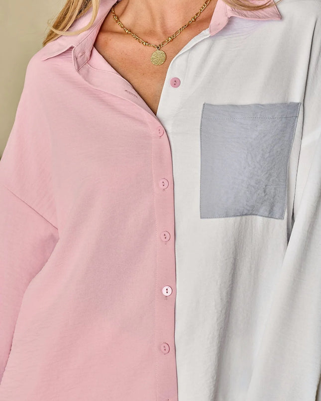 Color Block Oversized Button-Up Shirt with Chest Pocket 