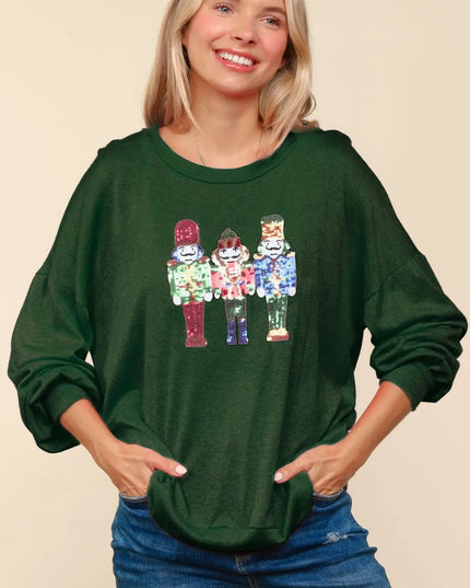 Haptics Sequin Nutcracker Patch Hacci Knit Top Black Forest