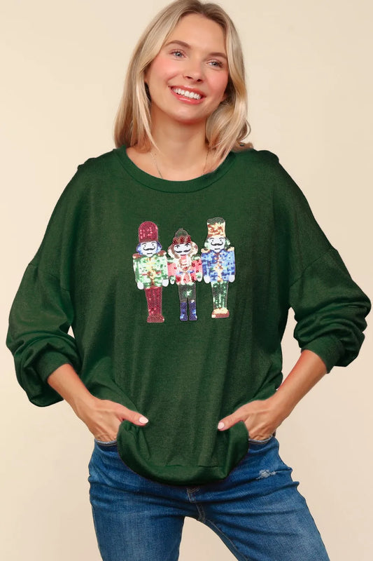 Haptics Sequin Nutcracker Patch Hacci Knit Top Black Forest