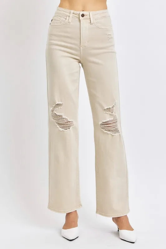 Judy Blue Full Size High Waist Distressed Wide Leg Jeans BONE