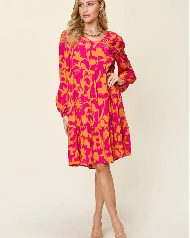 Double Take Full Size Printed Ruffle Hem Dress with Pocket