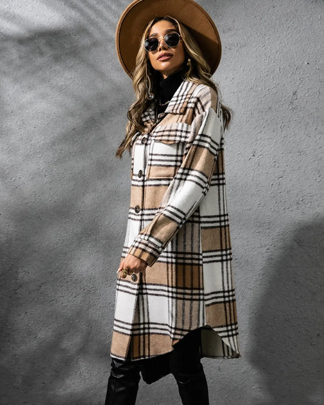 Plaid Collared Neck Long Sleeve Coat