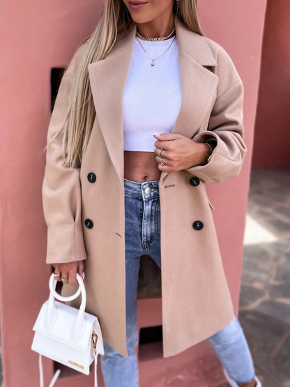 Full Size Double-Breasted Wool Coat Plus Size Khaki