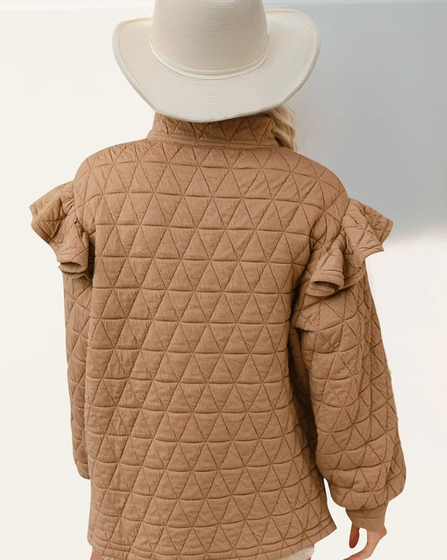 Double Take Ruffled Texture Half Zip Long Sleeve Sweatshirt