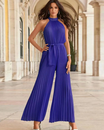 Pleated Sleeveless Wide Leg Jumpsuit Blue