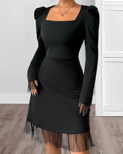 Square Neck Puff Sleeve Mesh Hem Dress