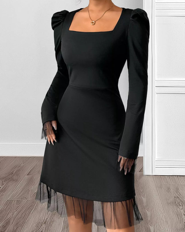 Square Neck Puff Sleeve Mesh Hem Dress