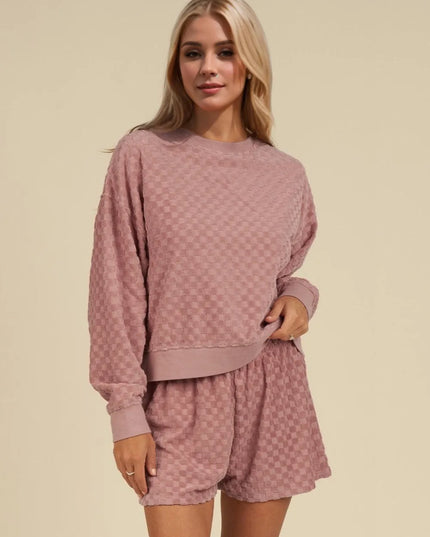Oh Checkered Round Neck Long Sleeve Top and Shorts Set Pale Blush