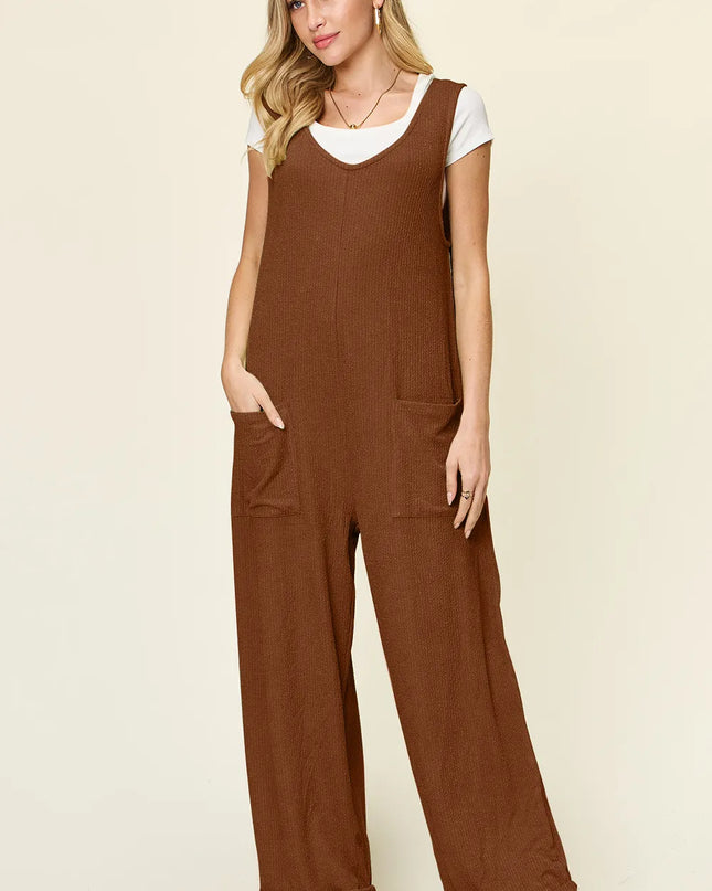 Double Take Full Size Texture Sleeveless Wide Leg Jumpsuit