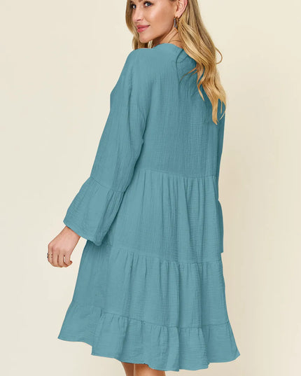 Double Take Full Size Texture Button Up Ruffle Hem Dress