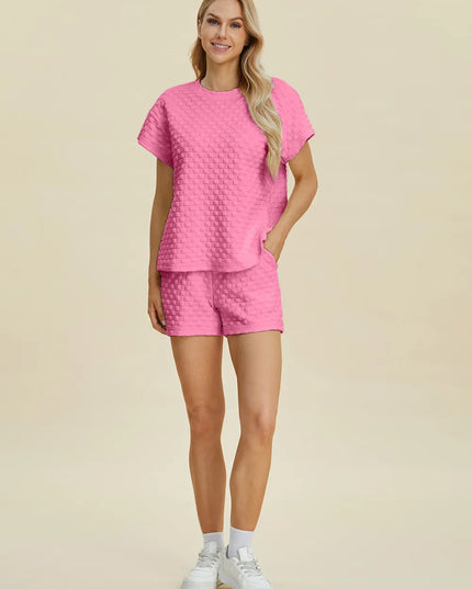 Double Take Full Size Texture T-Shirt and Shorts Set