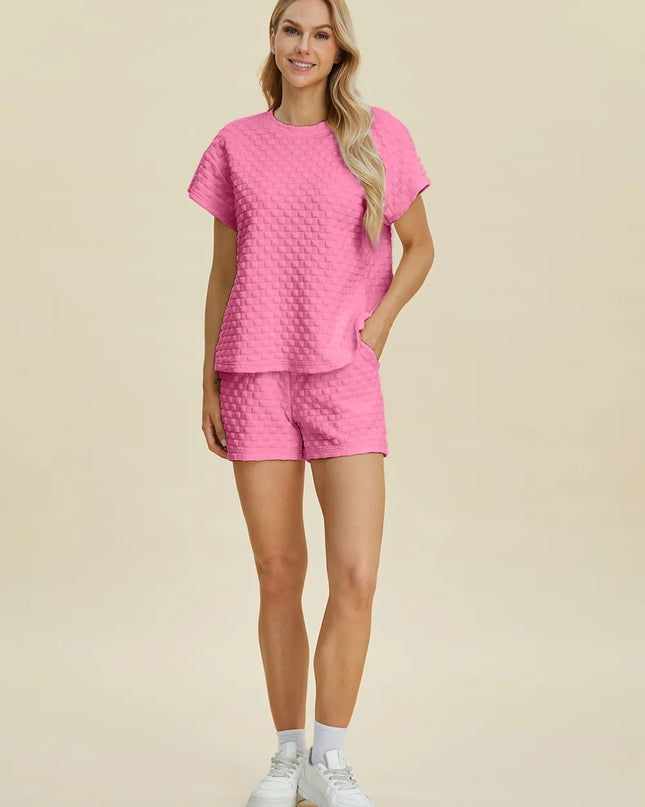 Double Take Full Size Texture T-Shirt and Shorts Set