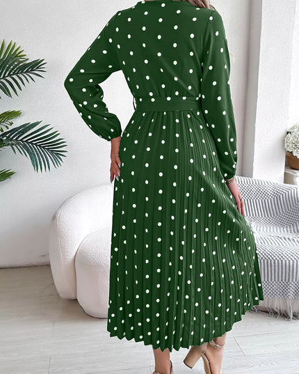 Front Tie Polka Dot Midi Pleated Dress