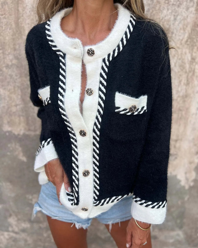 Contrast Trim Button Up Cardigan Black