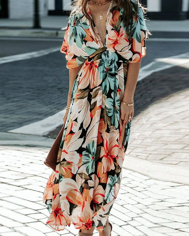 Floral Plunge Half Sleeve Dress